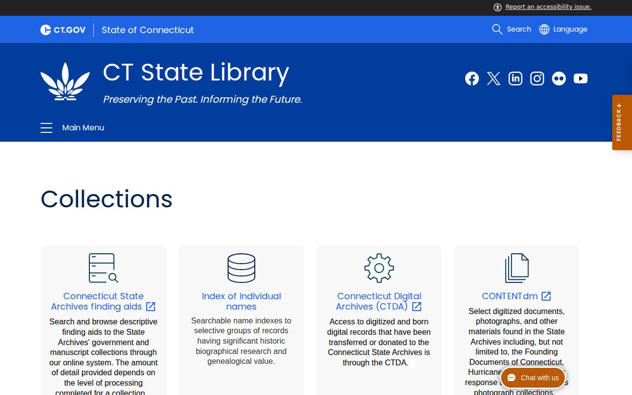 Connecticut State Archives collections page with finding aids and digital record routes