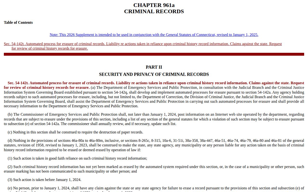 Connecticut criminal-record erasure statute and covered data-update rules