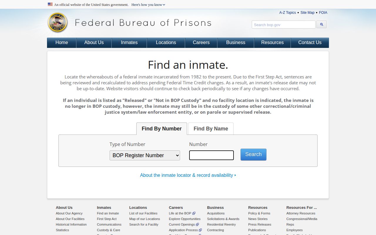 Federal custody locator interface used to check BOP records, without a public photo field