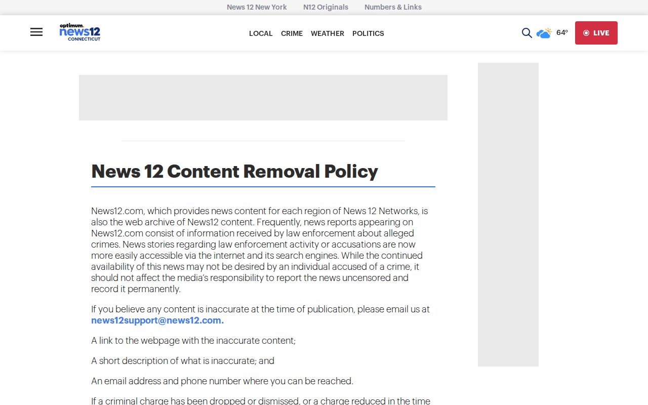 News 12 Connecticut content policy for a documented criminal-case update