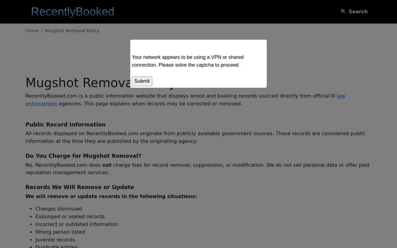RecentlyBooked policy page describing a no-fee Connecticut listing correction request