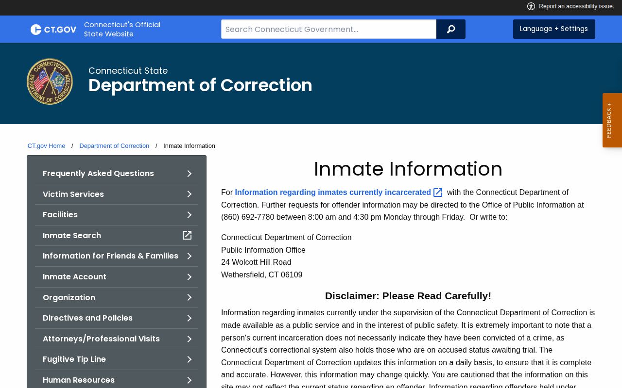 Connecticut DOC public-information page explaining current custody scope and exclusions