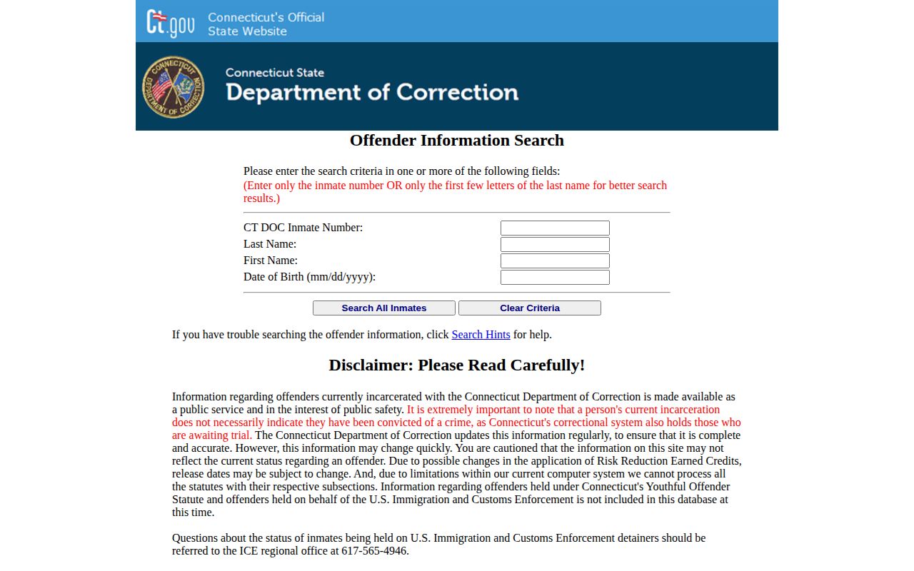 Official Connecticut DOC statewide current-custody search form