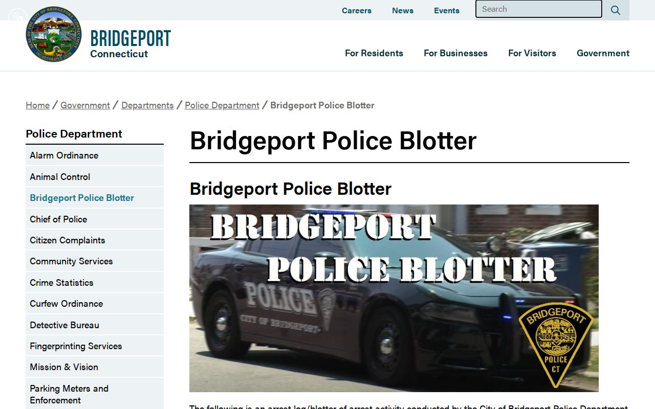 Connecticut municipal police blotter page showing a text-based arrest record source