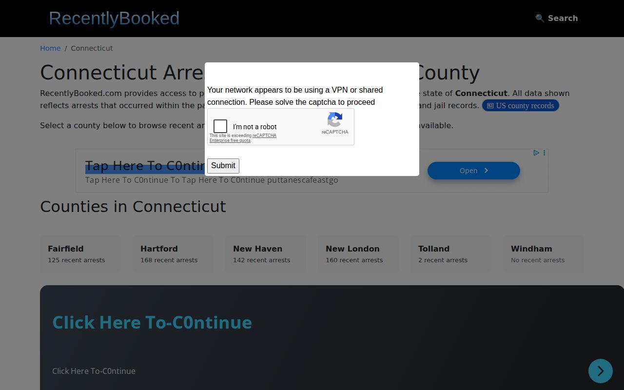 Unofficial Connecticut mugshot aggregator page showing legacy county labels