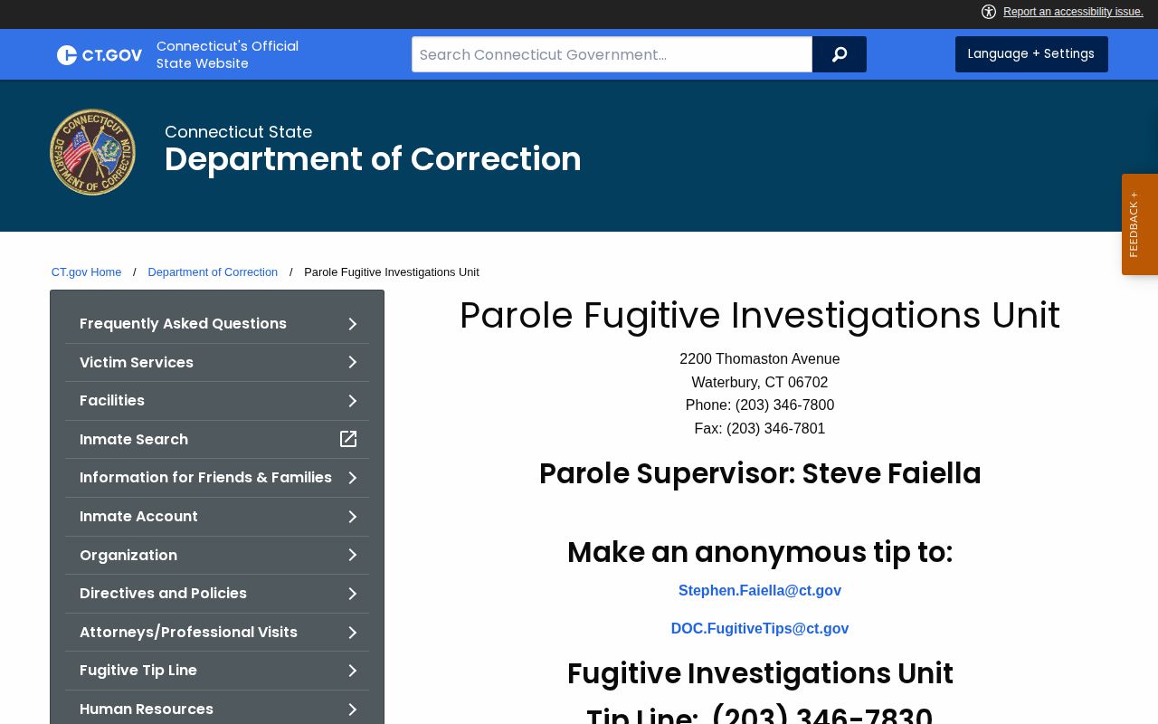 Connecticut DOC parole fugitive investigations page and official tip route