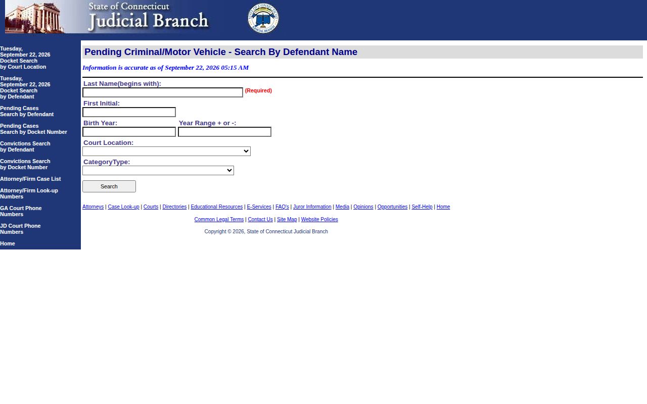 Connecticut Judicial Branch criminal docket search interface for case status