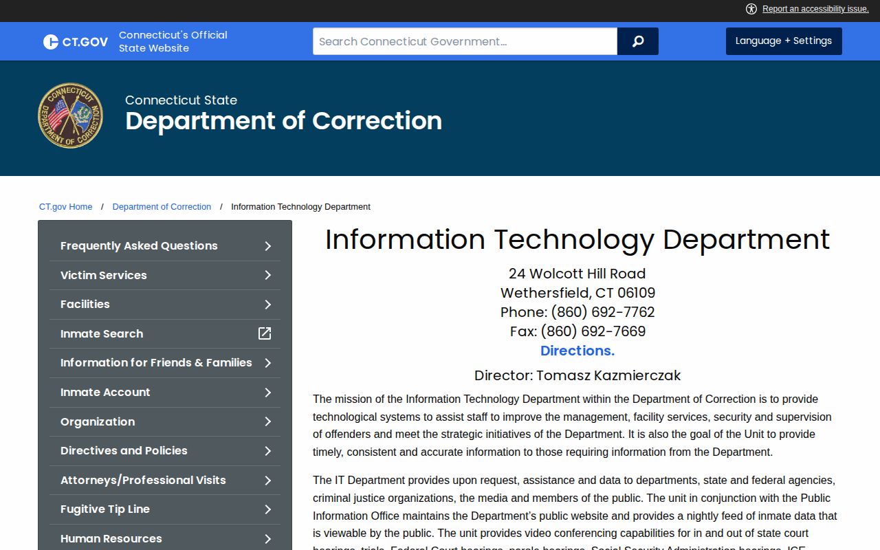 Connecticut CT DOC information technology page describing systems and the nightly inmate data feed